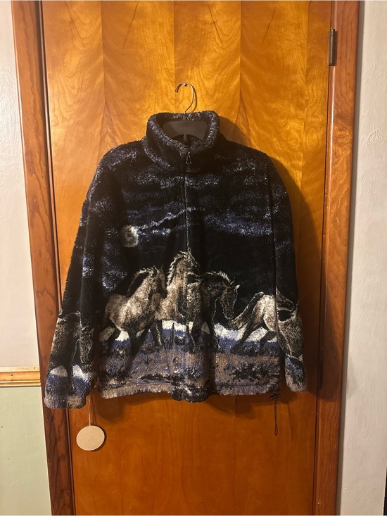 Mazmania Jackets & Blazers - 90’s VINTAGE Mazmania Black Horse-Print fleece plush jacket   Unisex